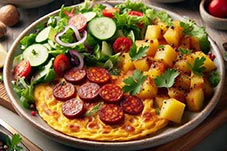tortilla de patatas con chorizo y una ensalada
